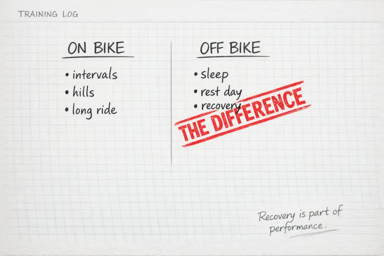 Handwritten training log comparing on bike training and off bike recovery, stamped “The difference