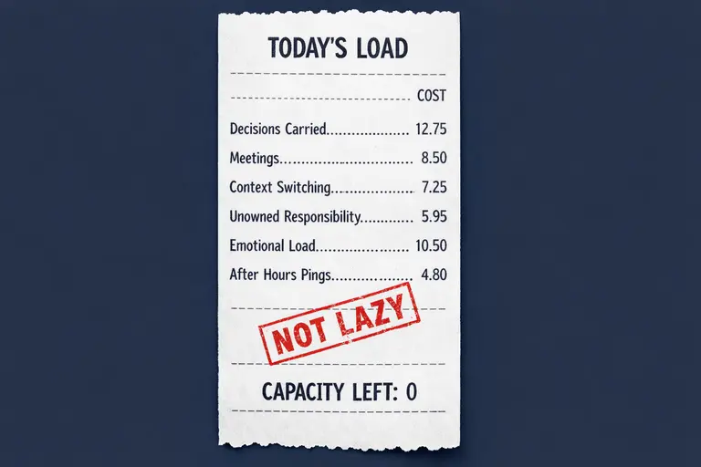 Receipt titled “Today’s Load” listing decisions, meetings and emotional load with “Not lazy” stamped and “Capacity left 0