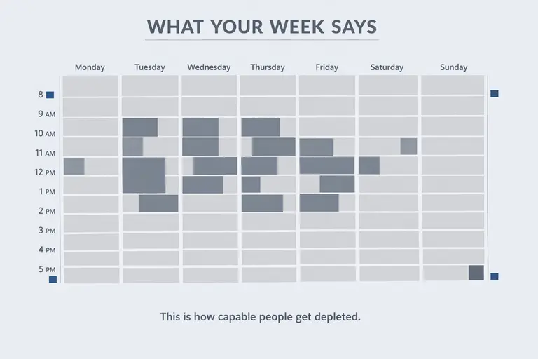 Weekly calendar heat map filled with meeting blocks and the caption “This is how capable people get depleted.