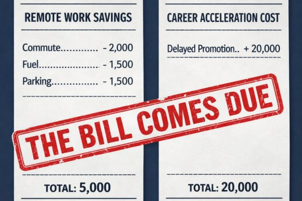 Side by side receipts comparing remote work savings like commute costs with the higher cost of delayed promotion and slower career progression. Side by side receipts comparing remote work savings like commute costs with the higher cost of delayed promotion and slower career progression.