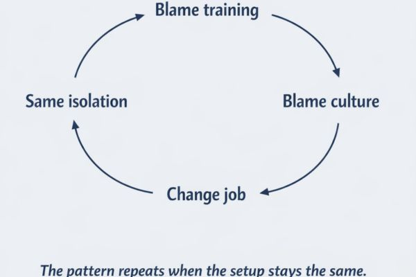 Loop diagram showing remote work frustration cycling through blaming training, culture, workload, then changing jobs and repeating the same isolation. Loop diagram showing remote work frustration cycling through blaming training, culture, workload, then changing jobs and repeating the same isolation.
