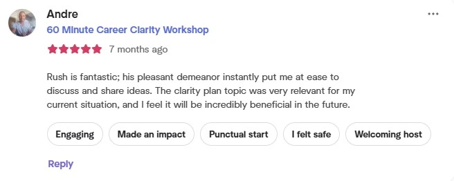 Client testimonial highlighting positive experience with Rushdi Kirsten's career coaching workshop, emphasizing clarity, engagement, and supportive environment.