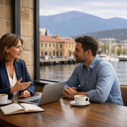 Professional career coaching session in Hobart, woman discussing job strategies with man at café, laptop and notepad on table, waterfront view in background. Professional career coaching session in Hobart, woman discussing job strategies with man at café, laptop and notepad on table, waterfront view in background.
