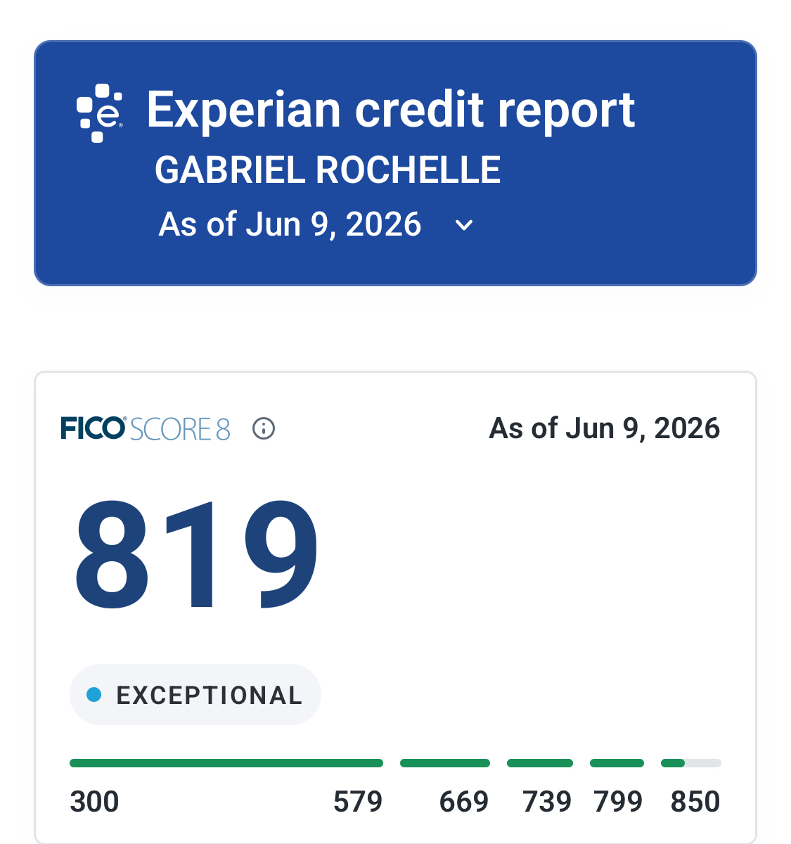 Experian credit report showing an 819 FICO credit score