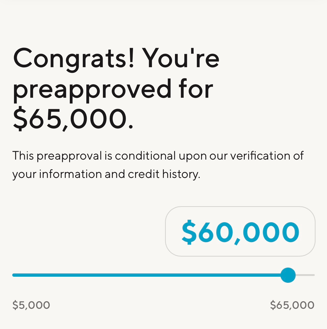 Credit preapproval showing a sixty-five-thousand-dollar approval