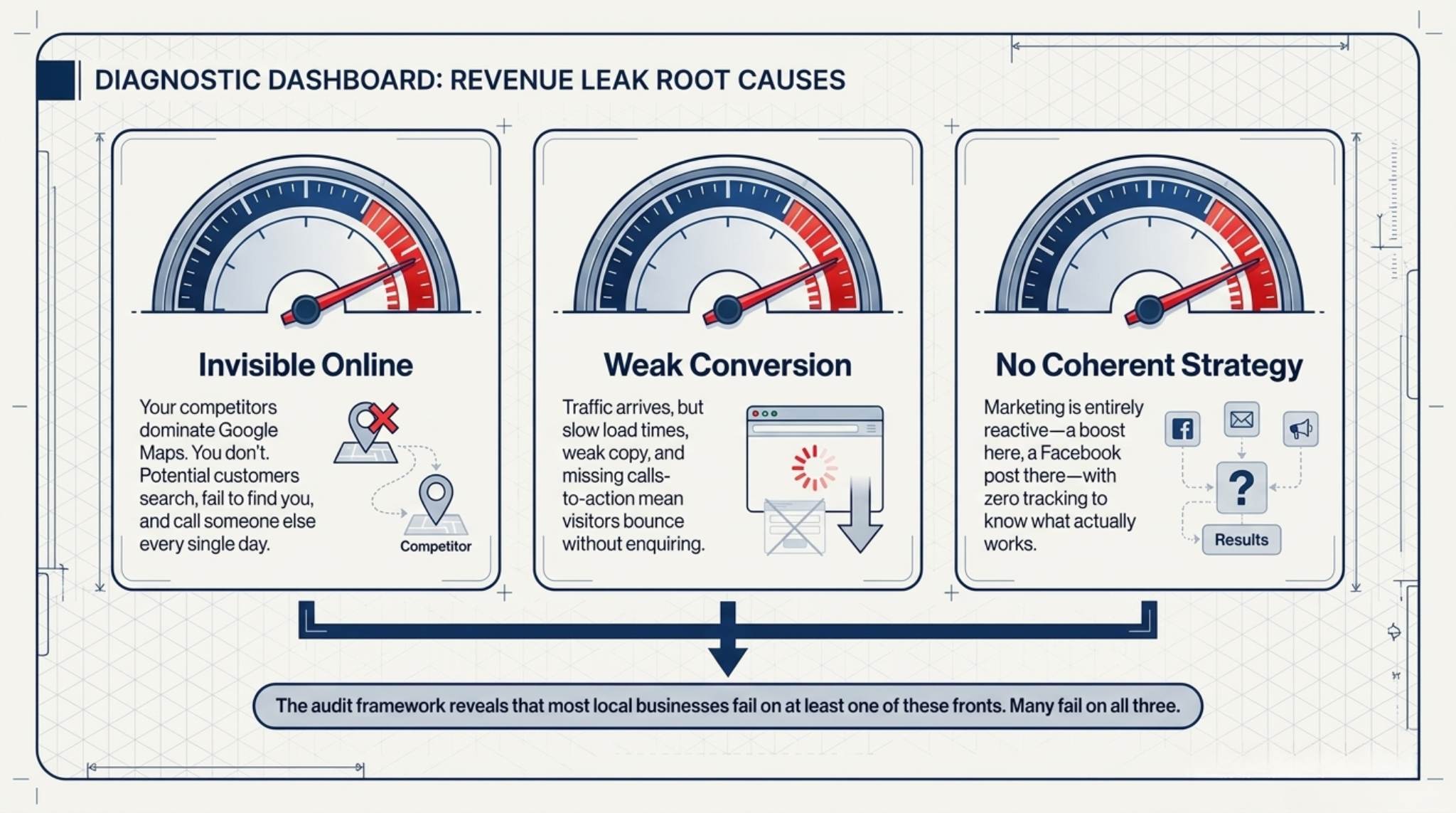 Diagnostic dashboard showing three revenue leak root causes for local businesses — invisible online, weak conversion, and no coherent marketing strategy