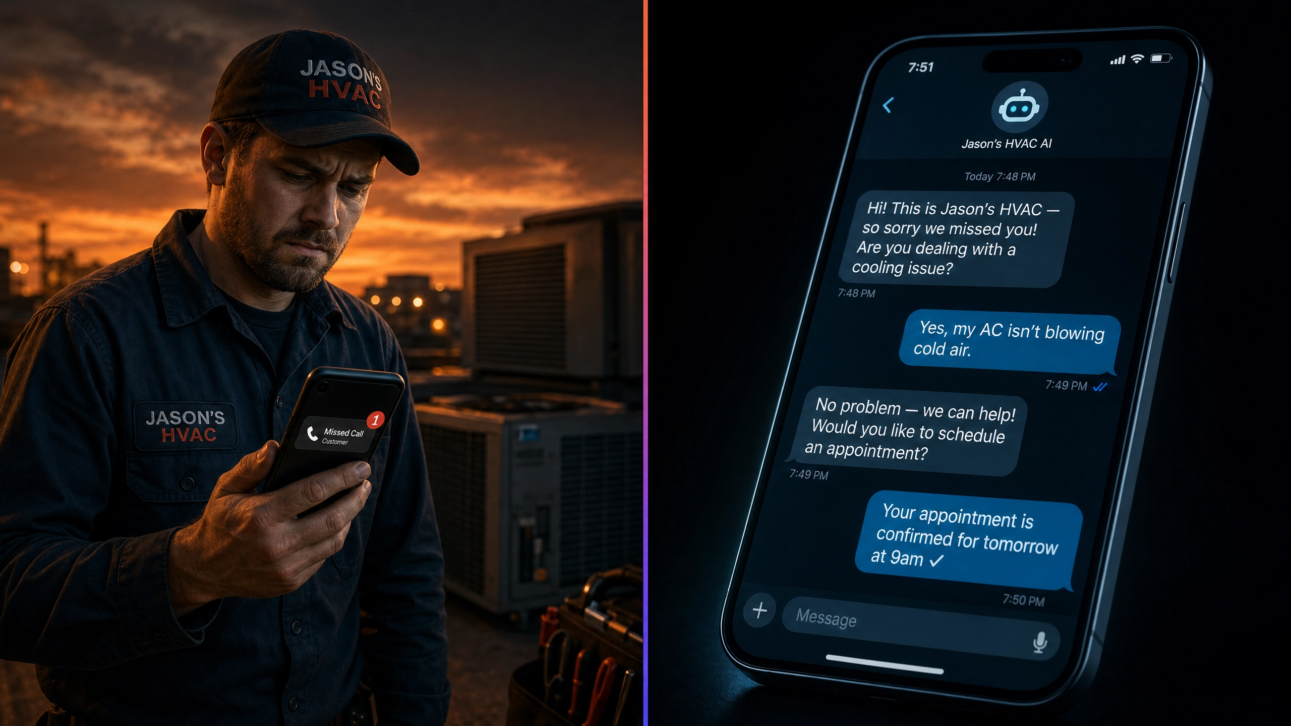Split image comparing a missed call on a phone versus an AI receptionist automatically booking an appointment via text message