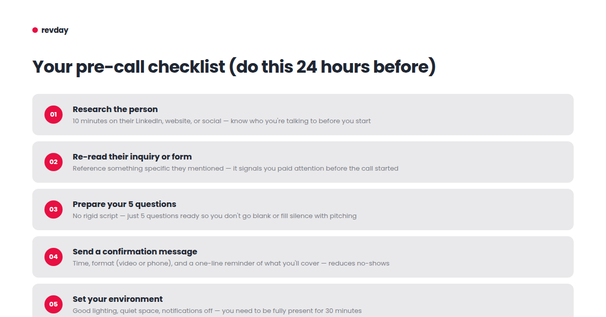 Discovery call preparation checklist, revday Description: Five-item numbered checklist showing what to do before a discovery call. Red numbered circles (01–05), bold titles, grey subtitles, full-width grey cards on white background. Matches revday's readiness criteria checklist style.