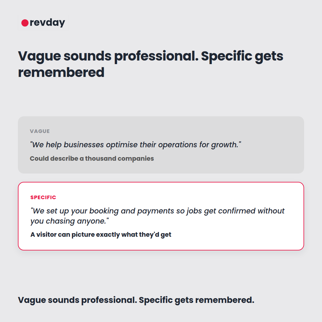 Comparison graphic showing vague website copy next to specific website copy for the same service business 
