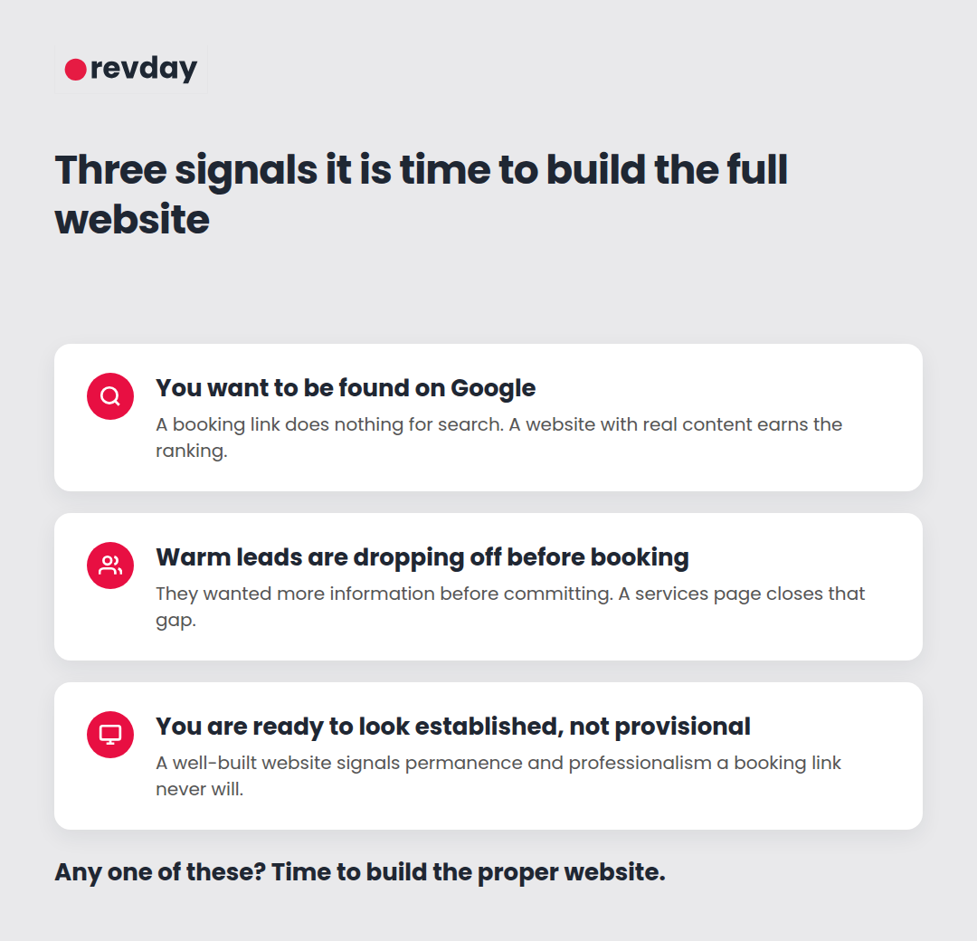 Illustrated checklist showing the three signals that tell a service business owner it's time to build a proper website