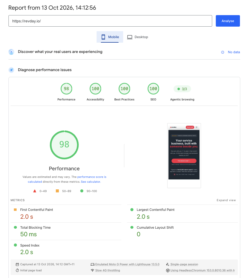 Google PageSpeed Insights report for the revday.io homepage tested on a phone on 13 October 2026, showing the Performance, Accessibility, Best Practices and SEO scores and the main speed measurements.