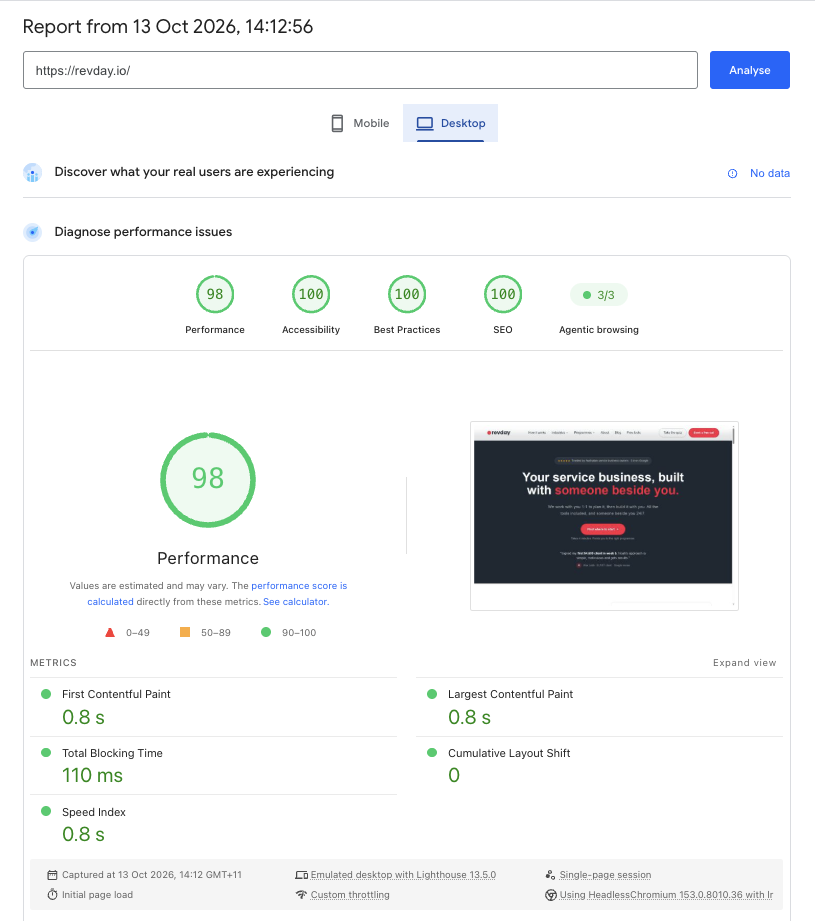 Google PageSpeed Insights report for the revday.io homepage tested on a desktop computer on 13 October 2026, showing the Performance, Accessibility, Best Practices and SEO scores and the main speed measurements.