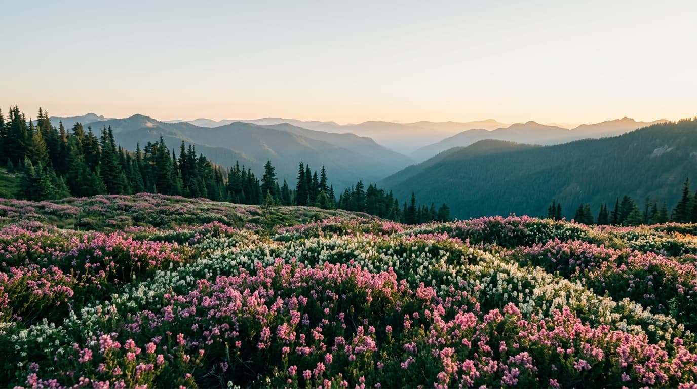 Wildflowers on a mountain meadow at sunrise