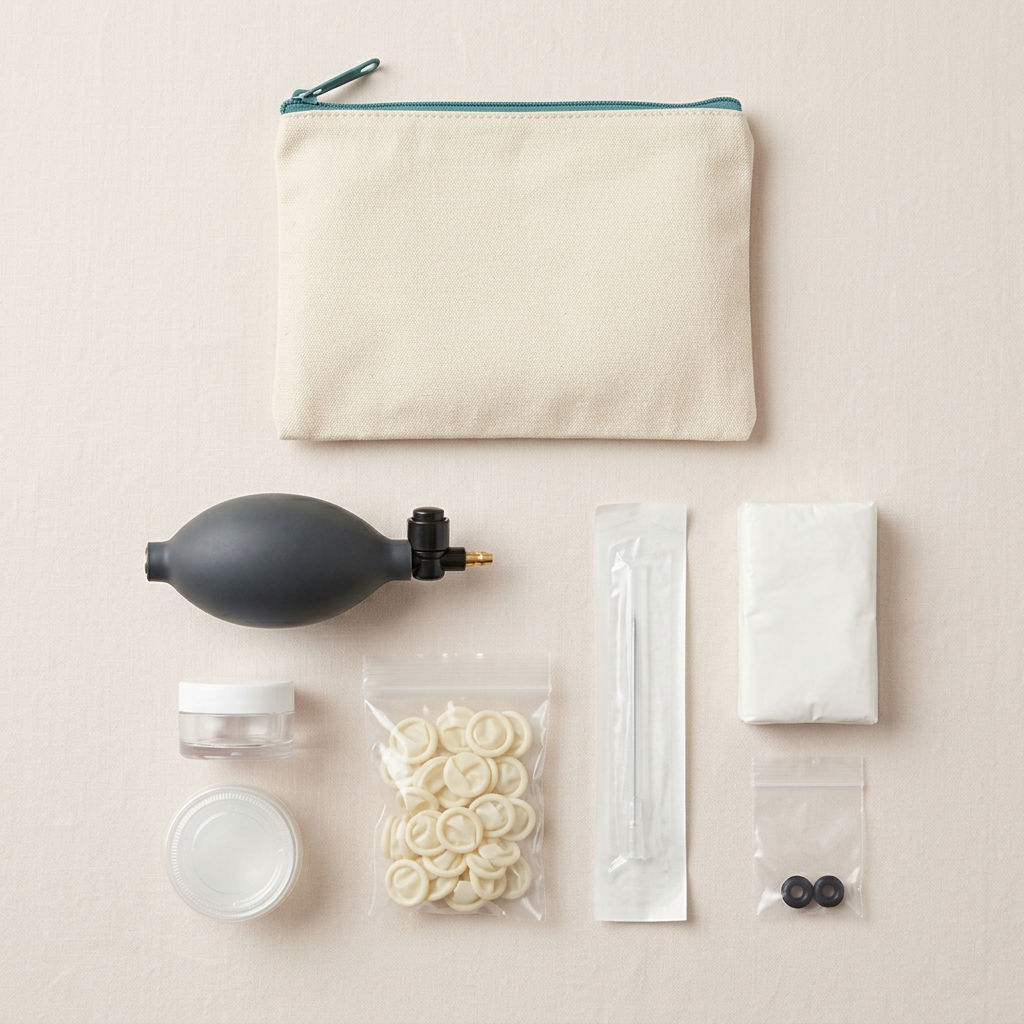 The BNS take-home kit: inflation bulb, finger cots, lubricant, sterile needle, tissues, grommets, and canvas travel bag
