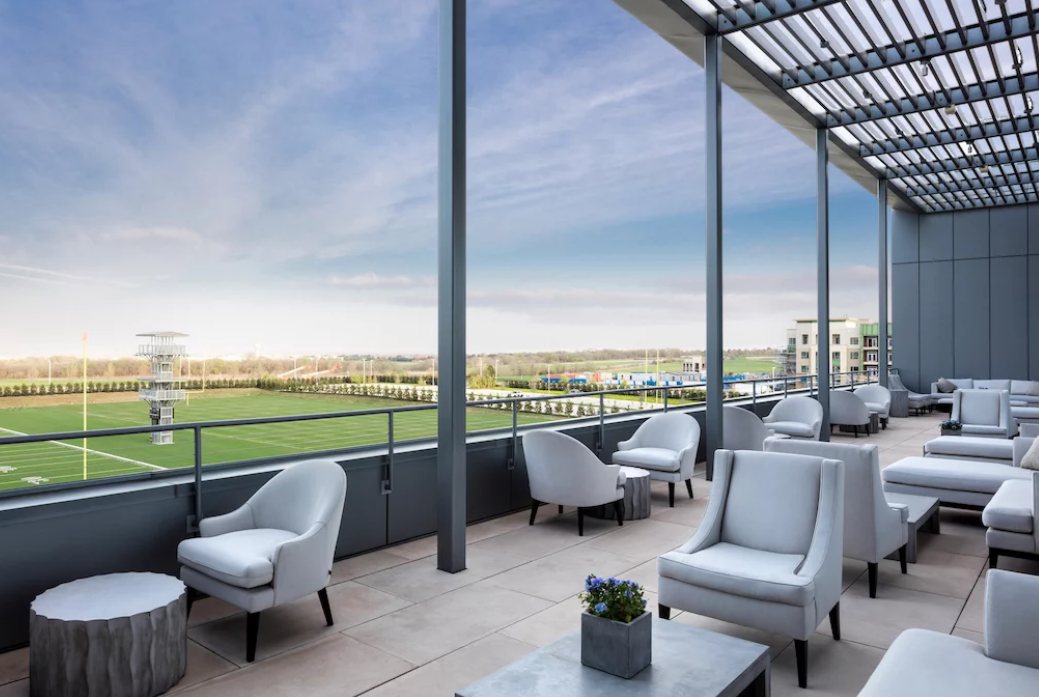The Cowboys Club rooftop terrace overlooking the Dallas Cowboys practice fields