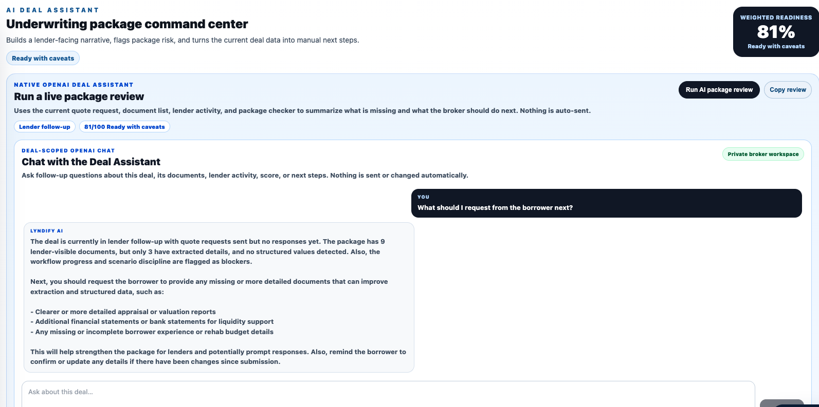 LYNDIFY ChatGPT-powered Deal Assistant reviewing an active deal