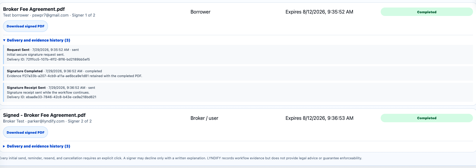 LYNDIFY completed signature evidence and signed PDF history