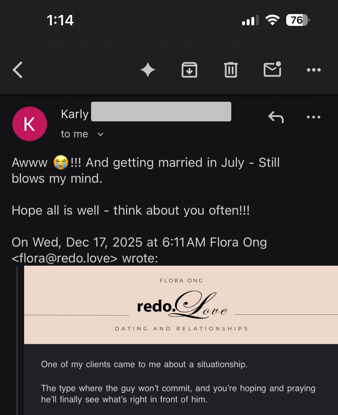 Original testimonial email from Karly