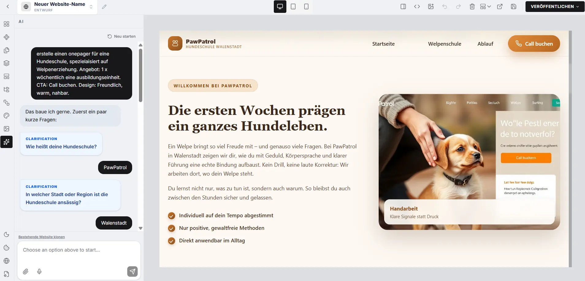 Aktualisierter Screenshot des KI-Websitebuilders von XUULU