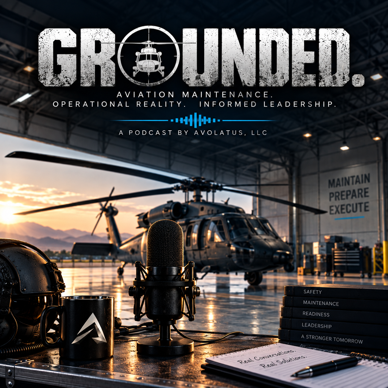 GROUNDED podcast artwork: a helicopter in a hangar at sunset behind a studio microphone, with the title GROUNDED, the tagline Aviation Maintenance. Operational Reality. Informed Leadership., and A Podcast by Avolatus, LLC.