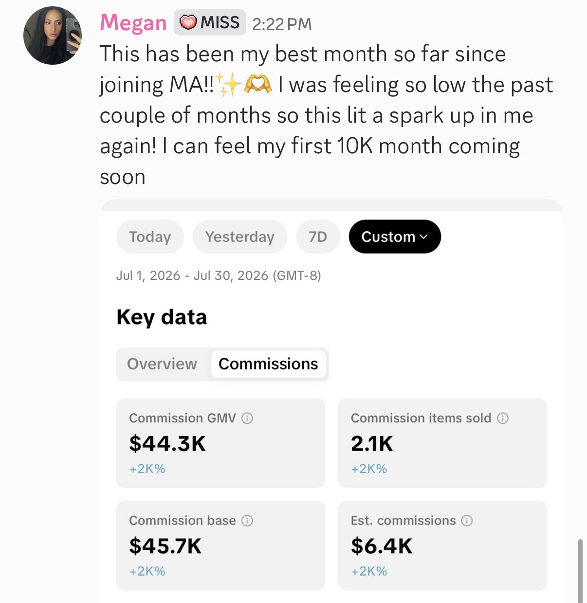 Miss Affiliate student Megan TikTok Shop result: $45.7K in commission