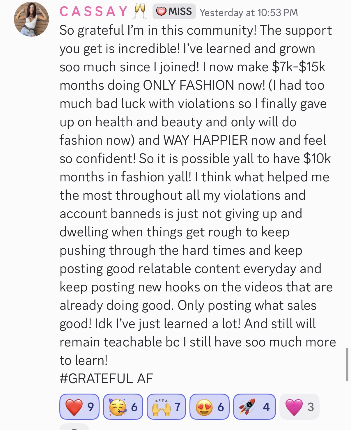 Miss Affiliate student Cassay TikTok Shop result: $15K in fashion