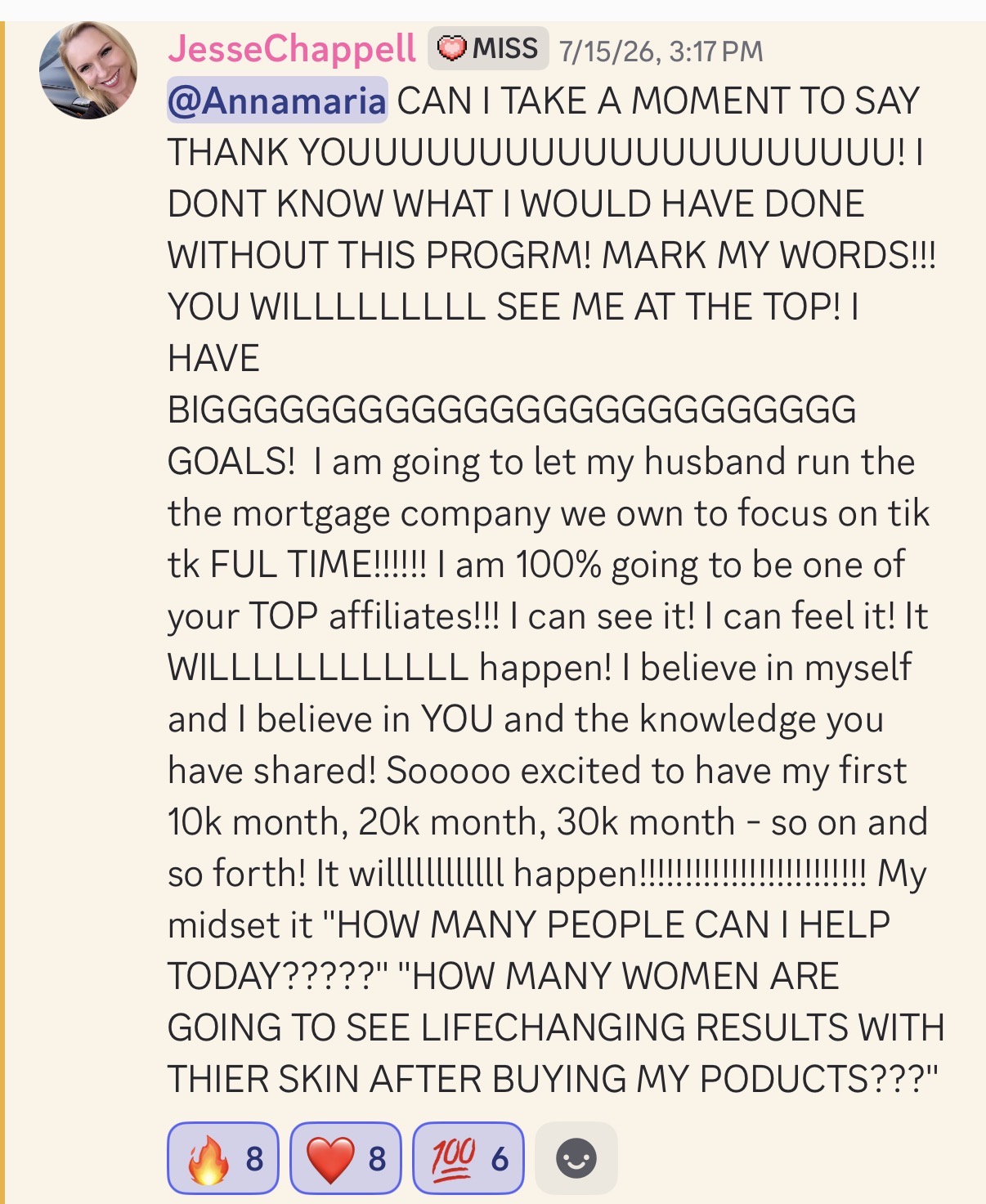 Miss Affiliate student JesseChappell TikTok Shop result: a $30K month