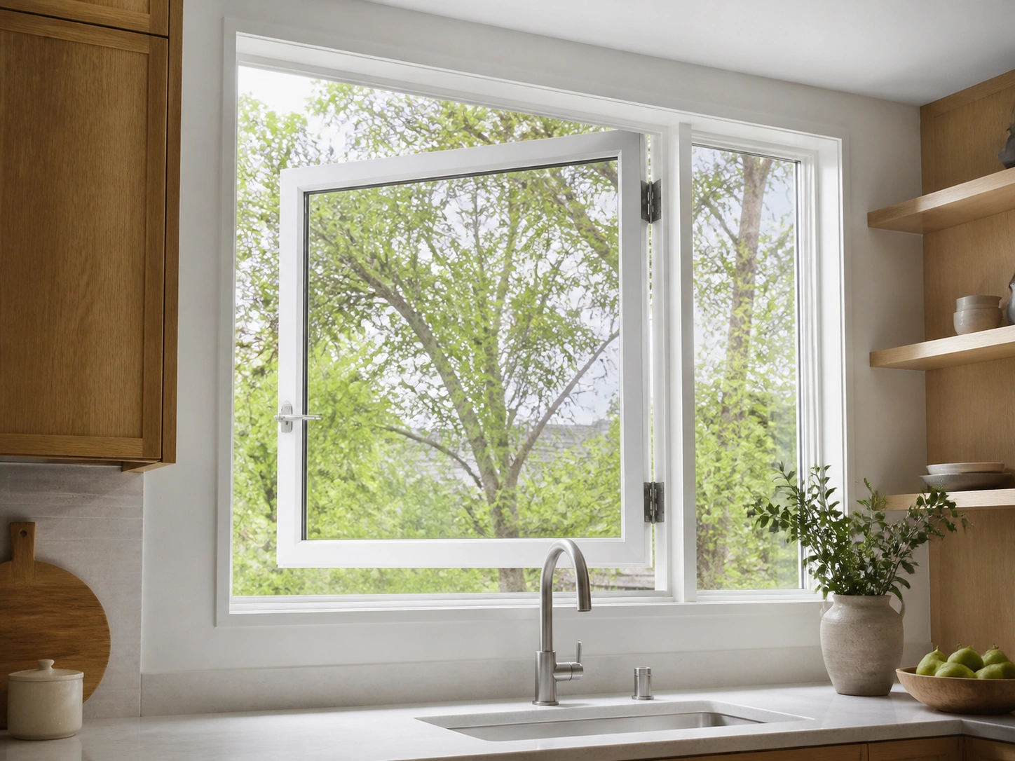 Modern kitchen with an outward-opening casement window