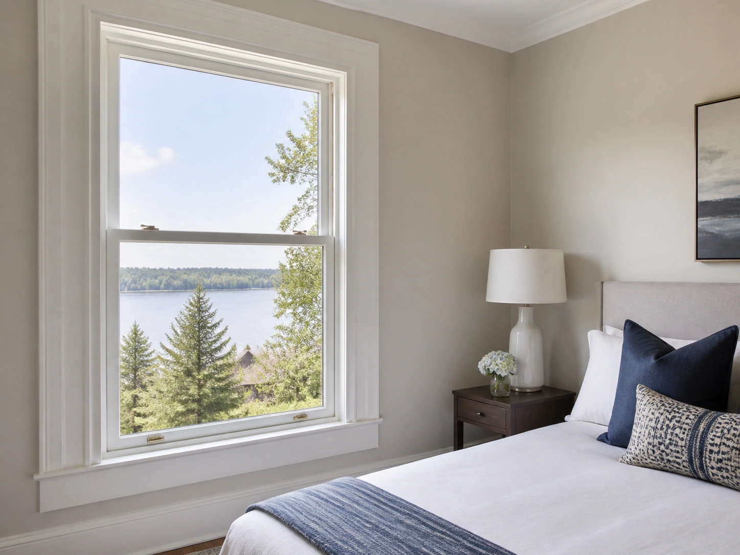 Bright bedroom with a white single hung window