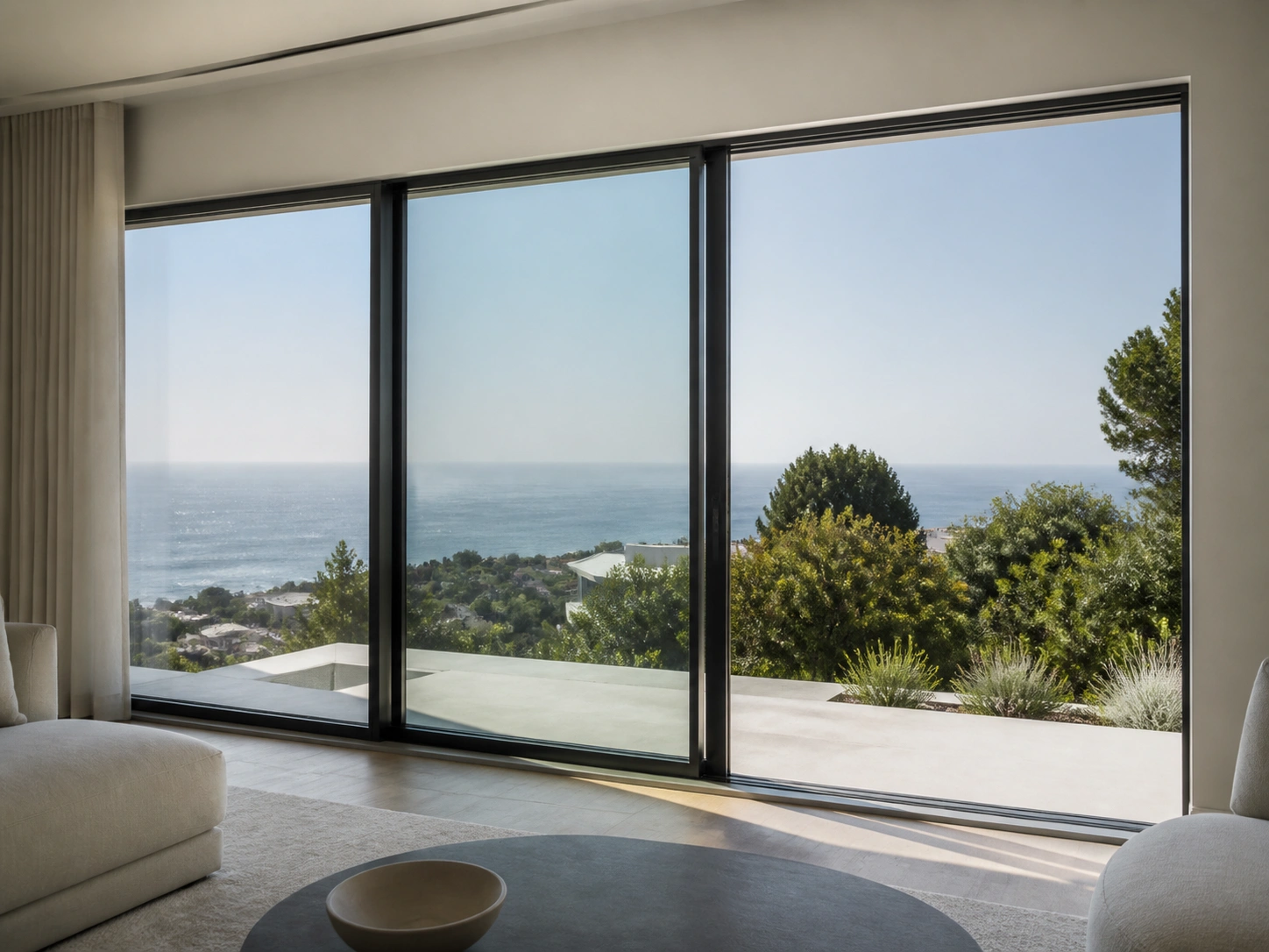 Contemporary living room with a wide horizontal sliding window