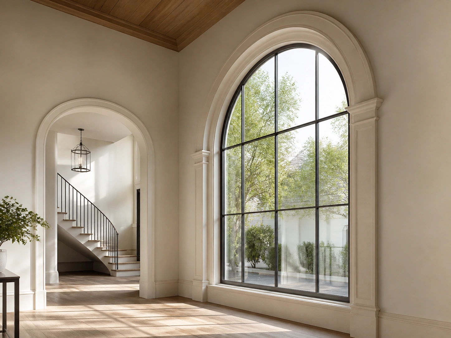 Custom home interior with a dramatic arched specialty window