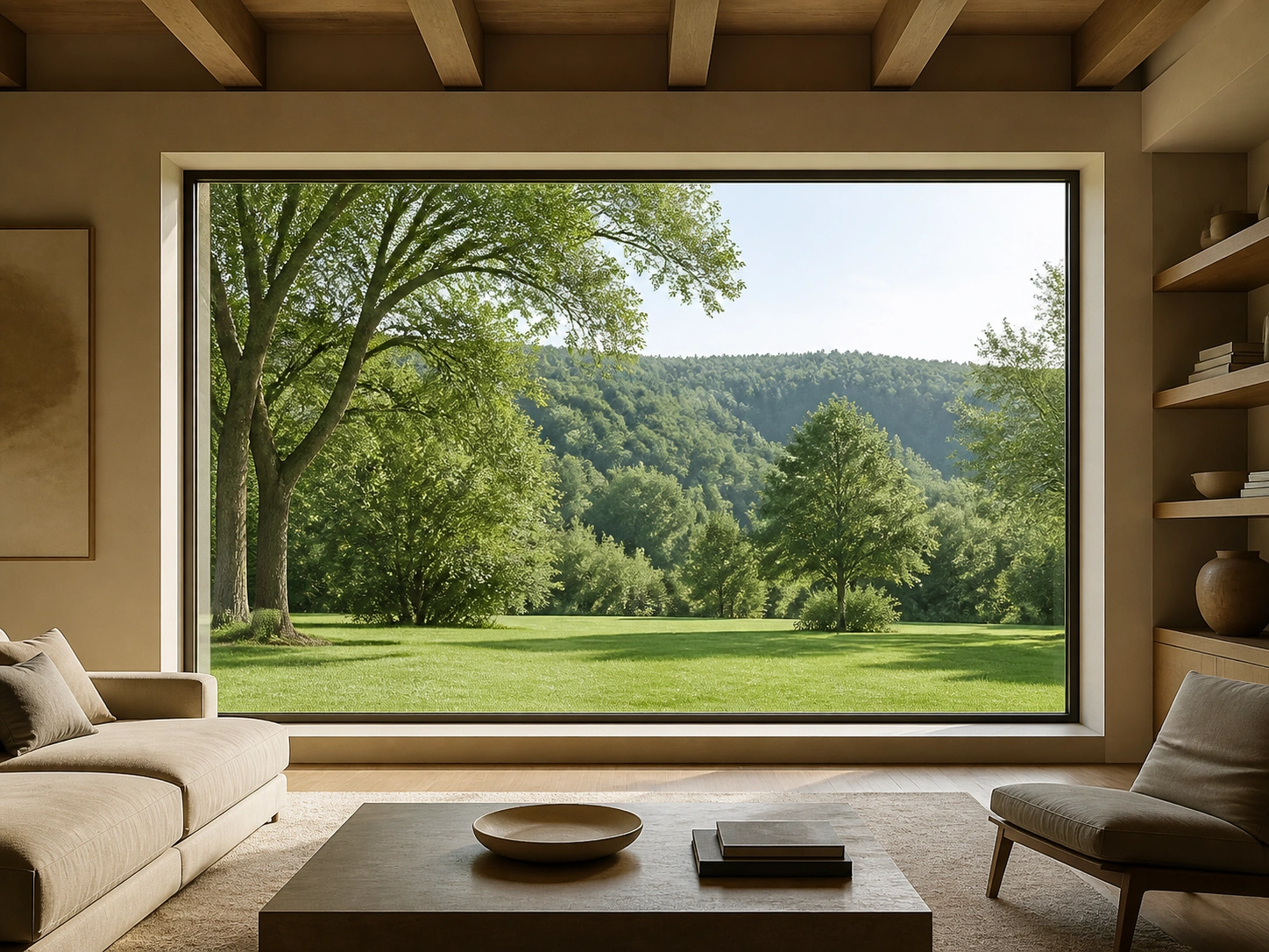Upscale living room with a large fixed picture window and scenic view