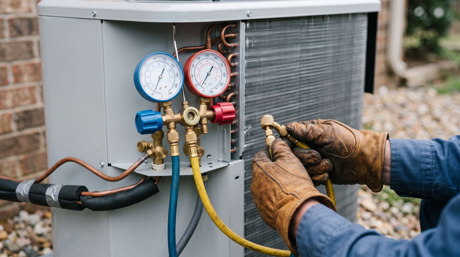 Gloved hands connecting refrigerant gauges to a new outdoor condenser