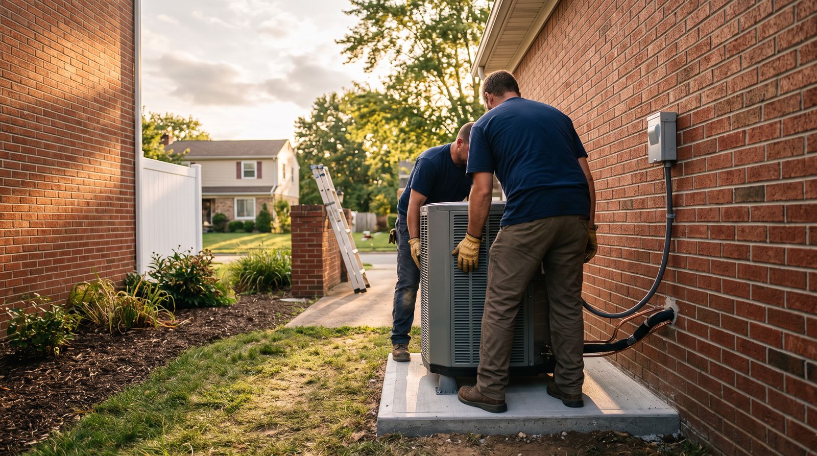 Two installers lowering a new air conditioning condenser onto a concrete pad beside a brick house