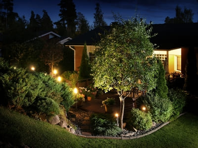 Landscape lighting in a backyard garden, featuring pathway lights that highlight lush greenery and a large illuminated tree near a deck