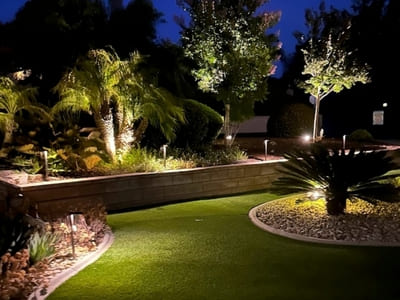 Landscape lighting in a backyard garden, highlighting the trees, plants, and lawn area, creating a tranquil and well-lit outdoor space.