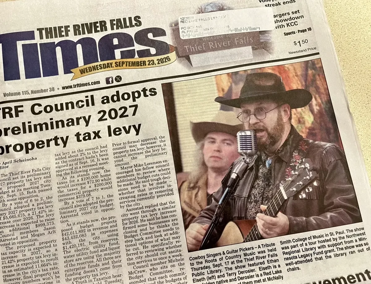 Terry and Ethan on the front page of the Thief River Falls Times