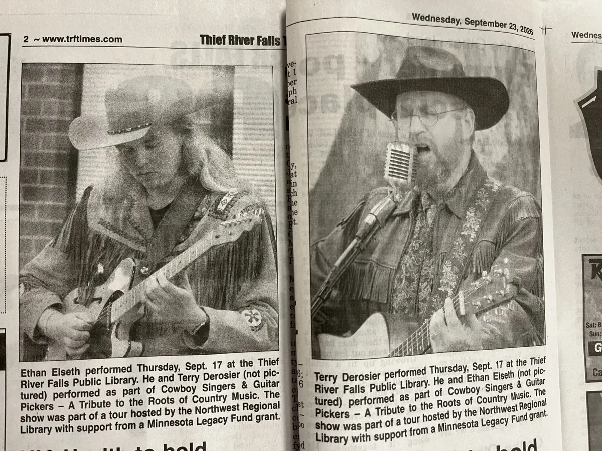 Terry and Ethan performing, pictured in the Thief River Falls Times