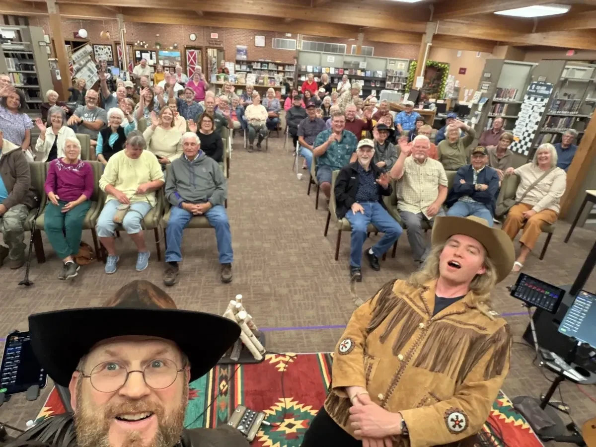 Terry and Ethan with the audience in Thief River Falls, MN