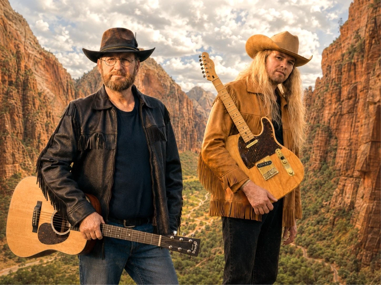 Terry Derosier and Ethan Elseth with their guitars in a Western canyon setting