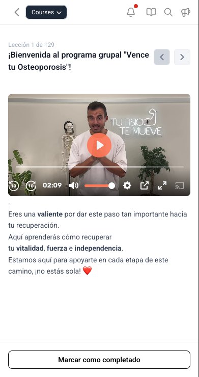 Lección de bienvenida del campus de Vence tu Osteoporosis, vista desde el móvil