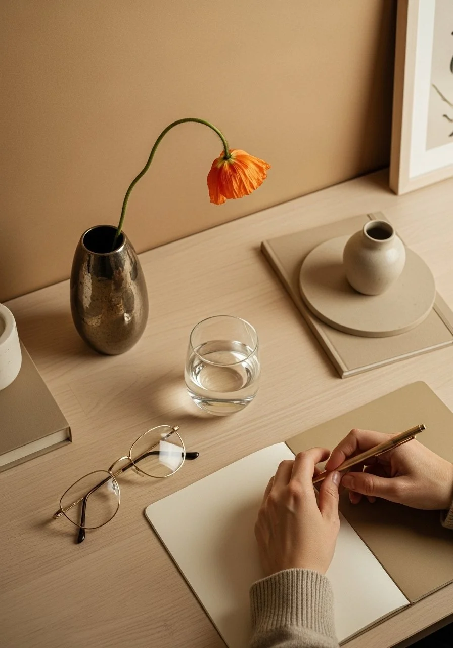 Hands writing in notebook next to flower