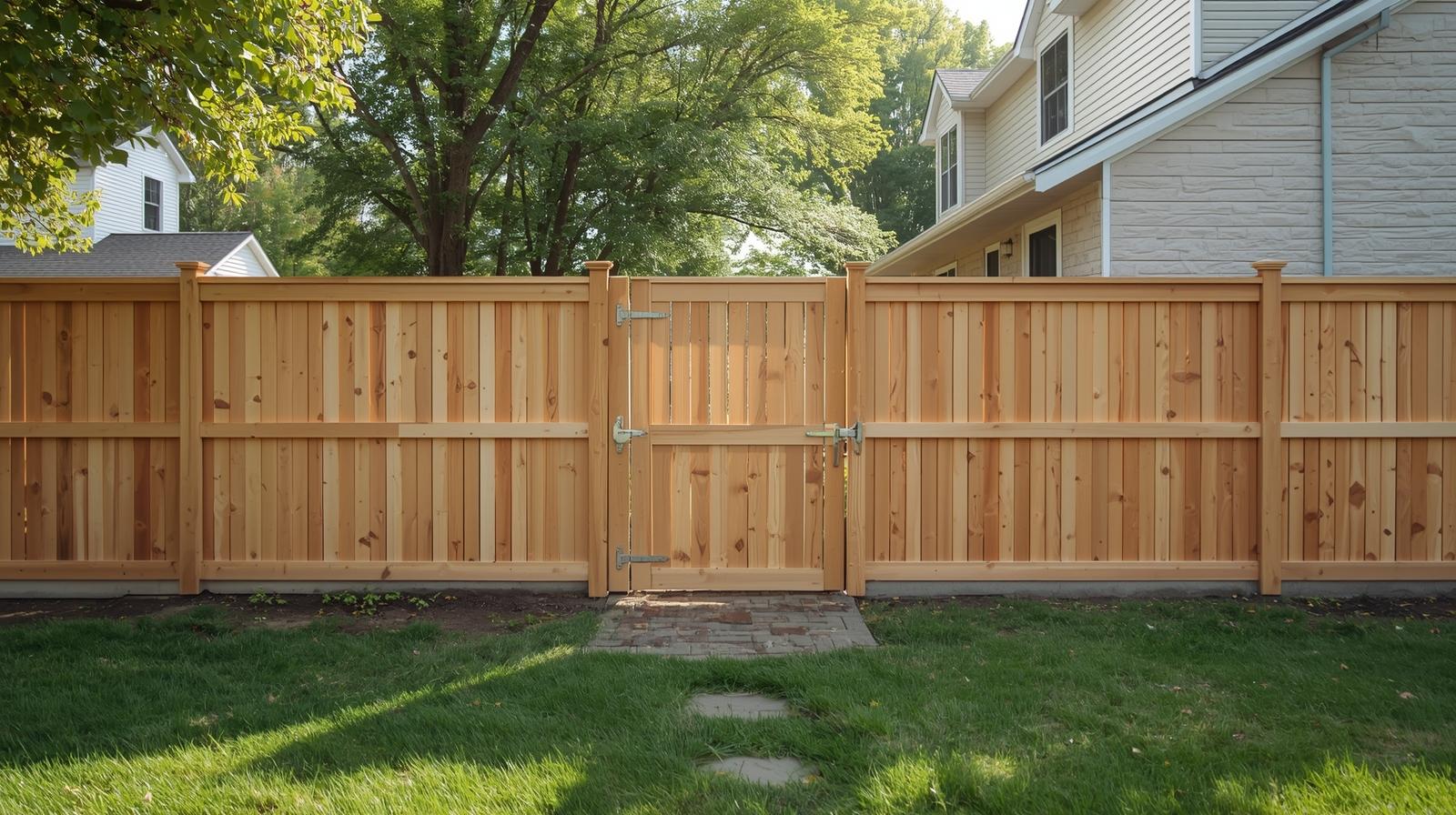 Improperly installed residential fence in Illinois showing uneven posts, poor alignment, and incorrect spacing between panels. Improperly installed residential fence in Illinois showing uneven posts, poor alignment, and incorrect spacing between panels.