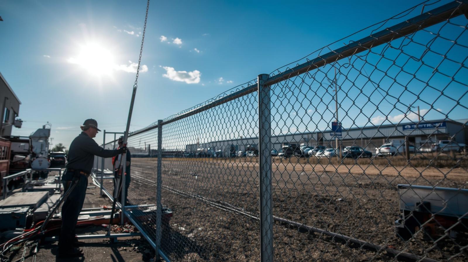 Commercial fence installation in Rockford IL featuring chain link perimeter fencing around business property.