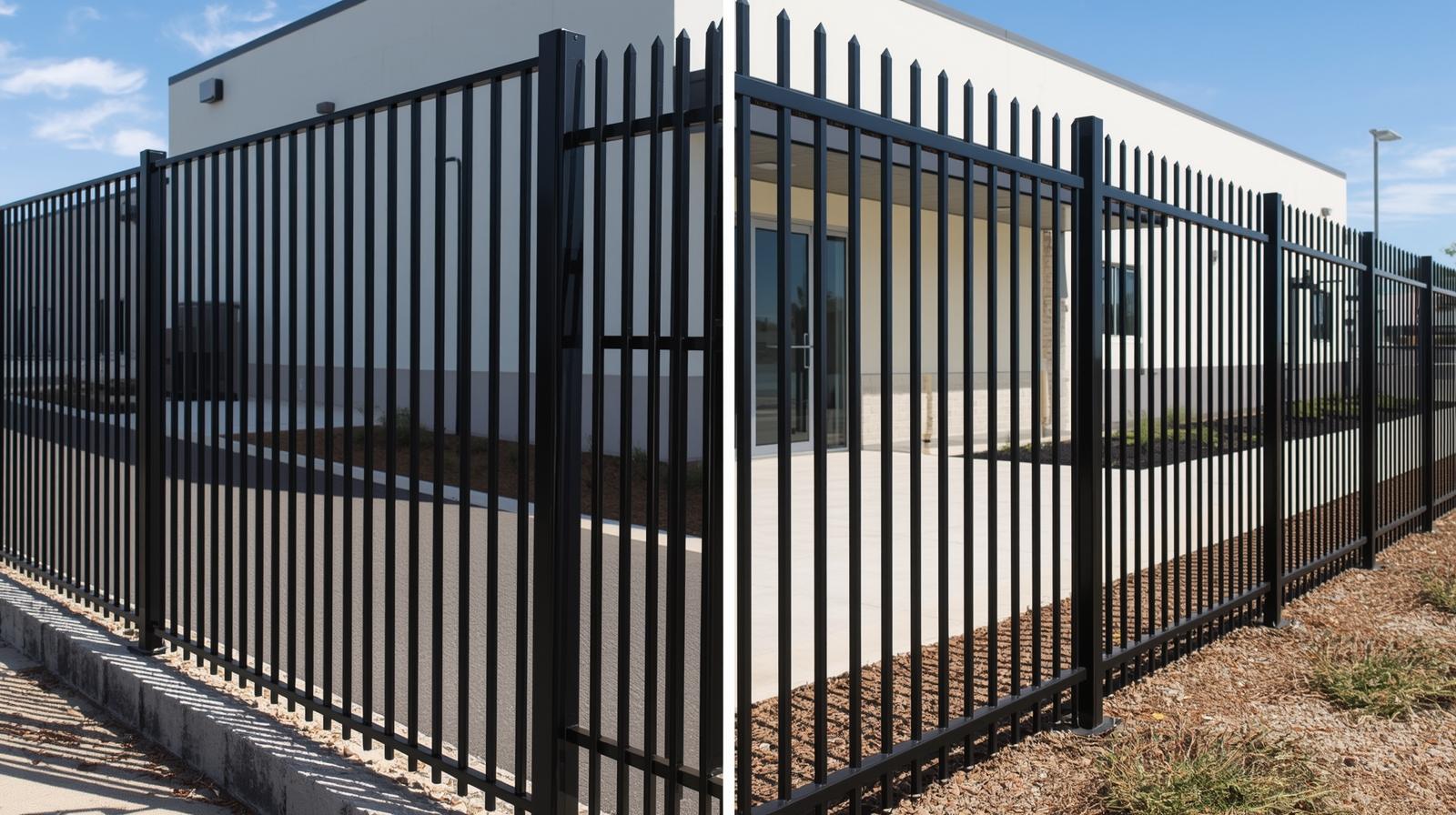 Comparison of black aluminum and steel commercial fencing around business property. Comparison of black aluminum and steel commercial fencing around business property.