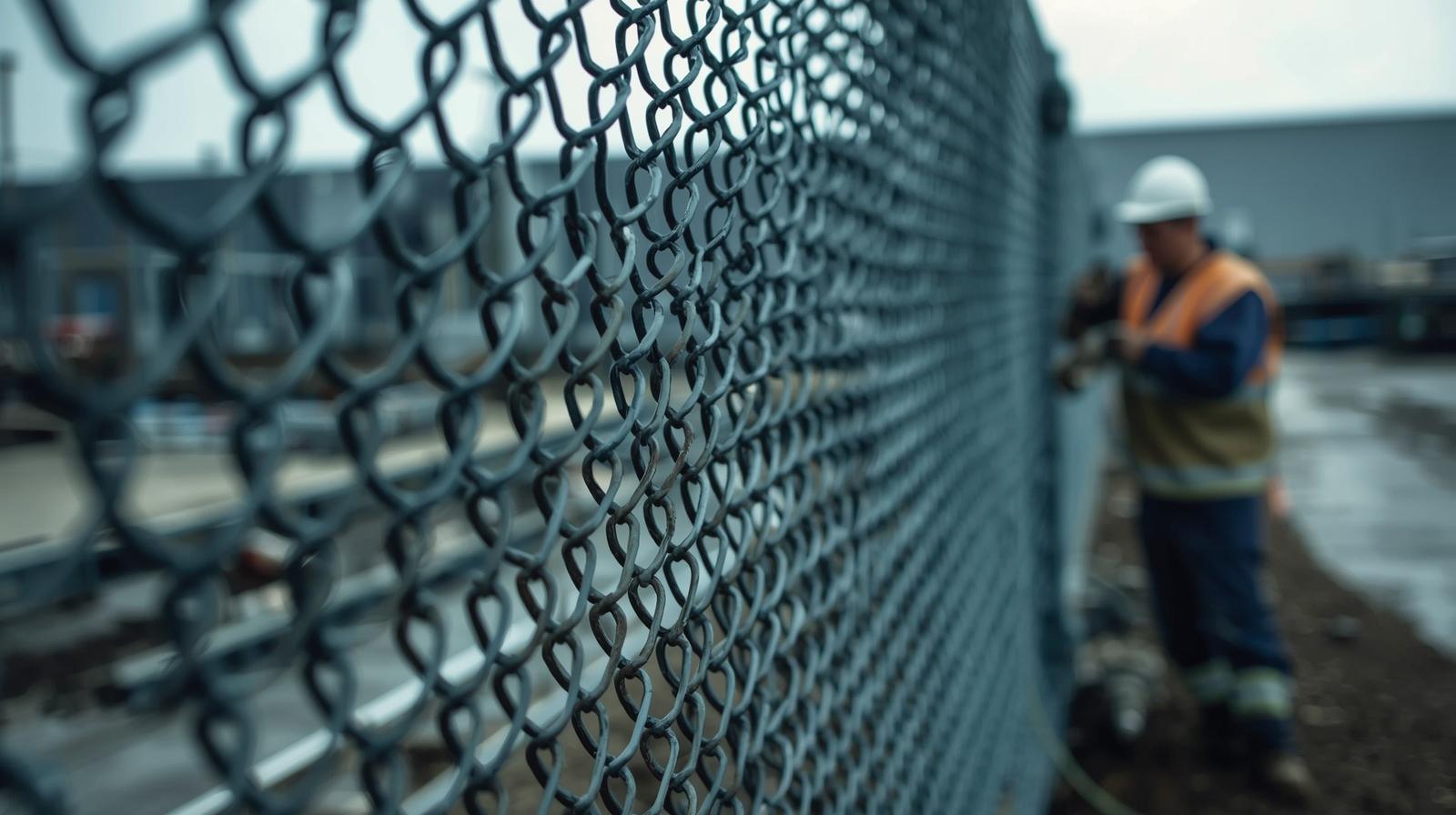 Commercial fence maintenance inspection showing contractor checking chain link fencing around business property. Commercial fence maintenance inspection showing contractor checking chain link fencing around business property.