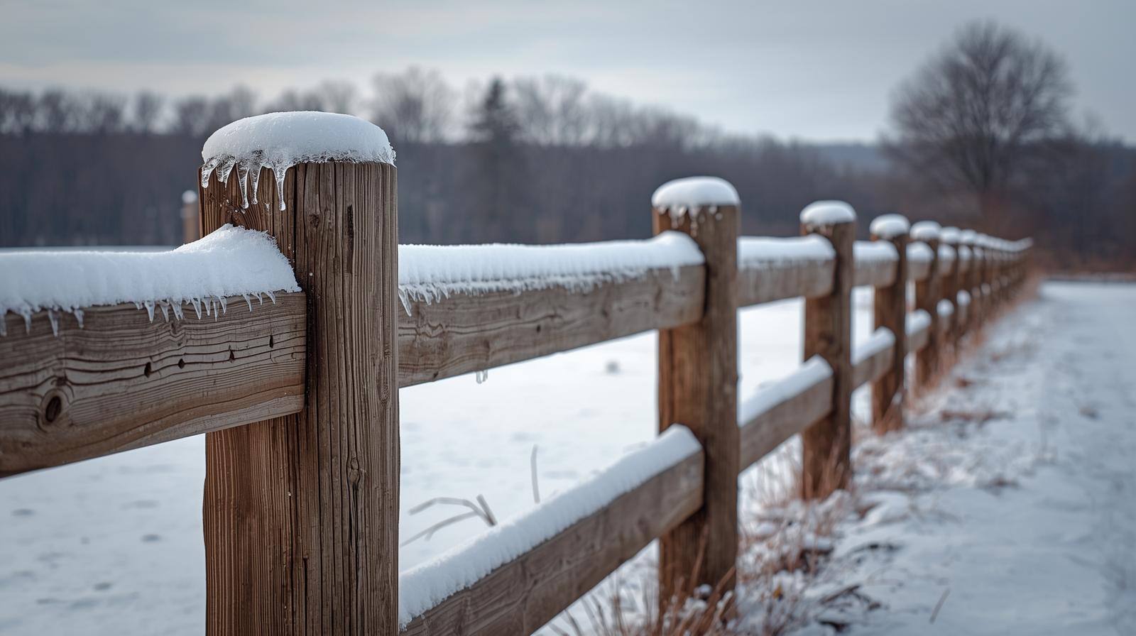 Residential fence in Wisconsin winter conditions with snow accumulation and cold weather impact. Residential fence in Wisconsin winter conditions with snow accumulation and cold weather impact.