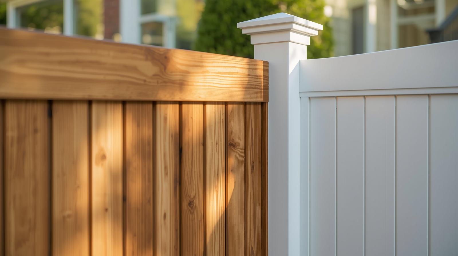 Wood and vinyl fence comparison showing cleaning and maintenance process. Wood and vinyl fence comparison showing cleaning and maintenance process.