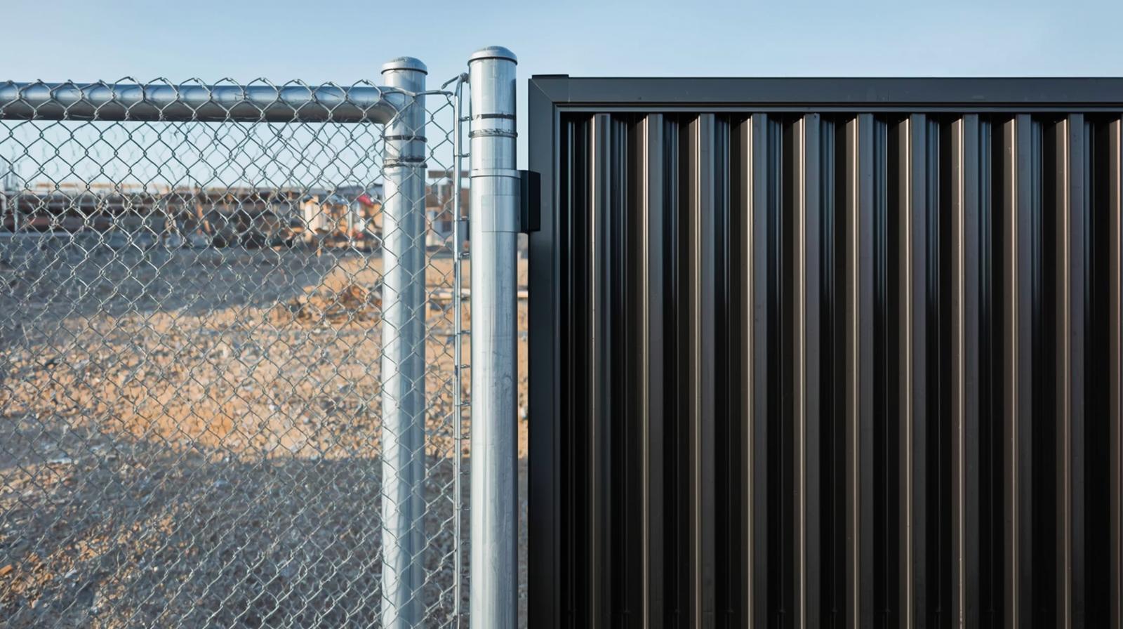 Comparison of commercial chain link fence and steel security fence at industrial facility. Comparison of commercial chain link fence and steel security fence at industrial facility.