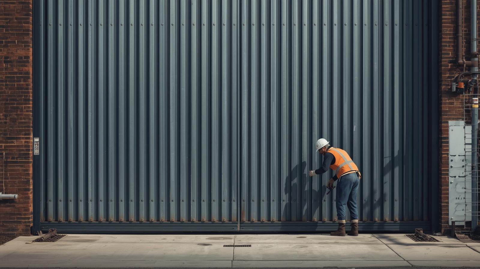 Commercial warehouse gate repair service in Rockford IL fixing metal security gate.